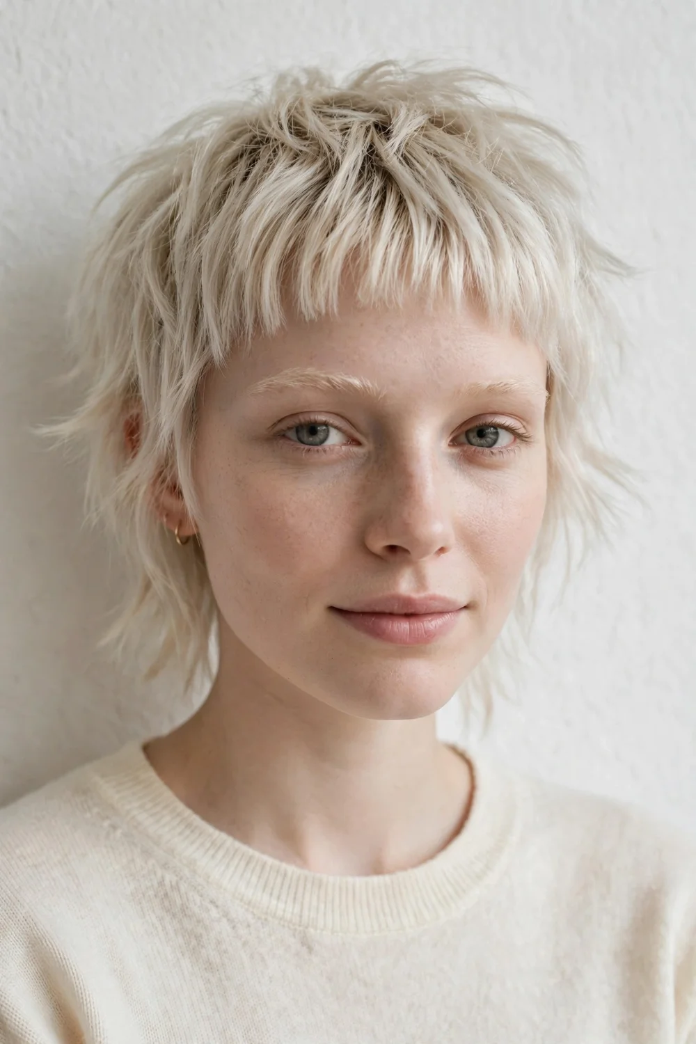 Platinum blonde shag haircut with baby bangs