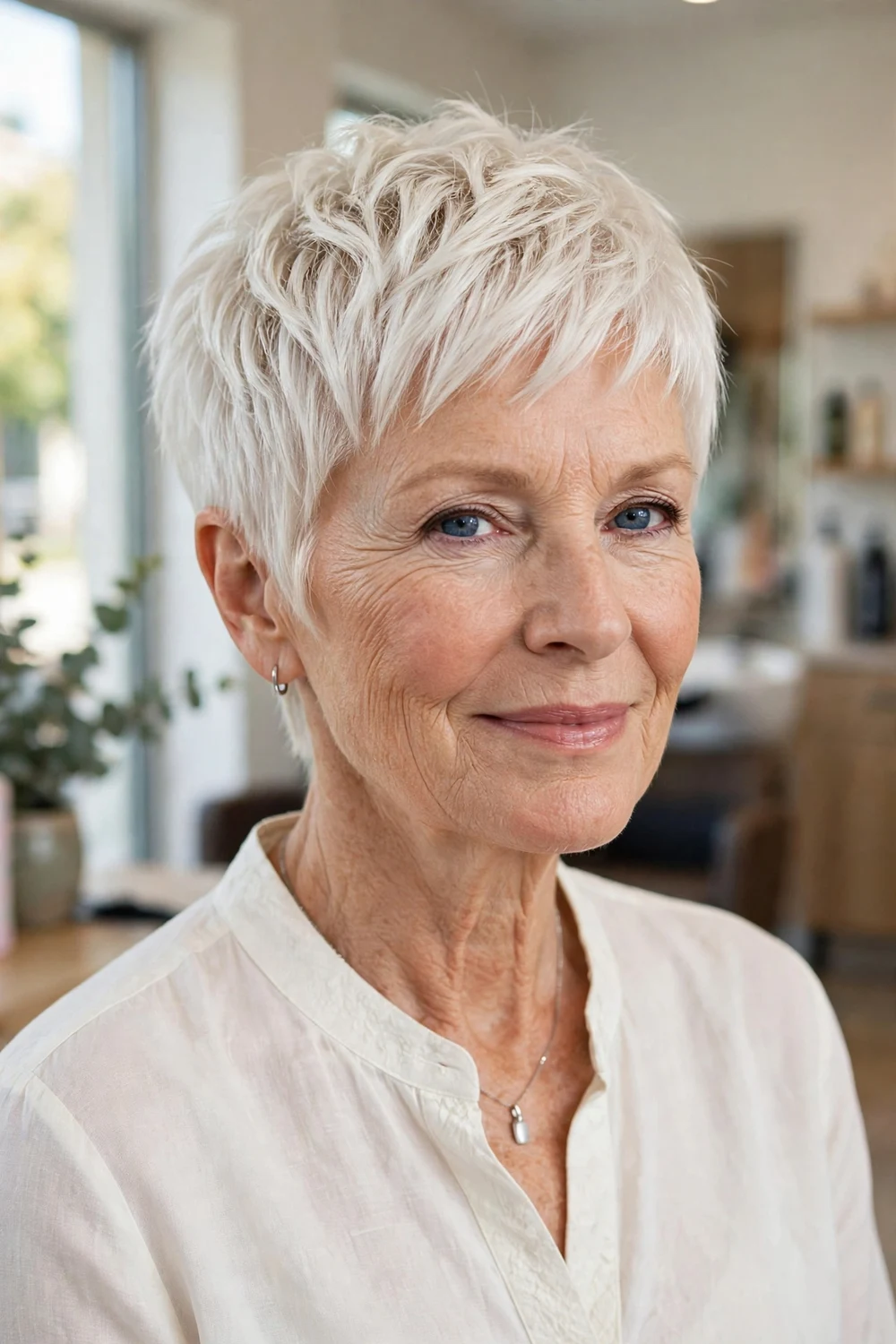 Woman over 50 with platinum blonde textured choppy pixie