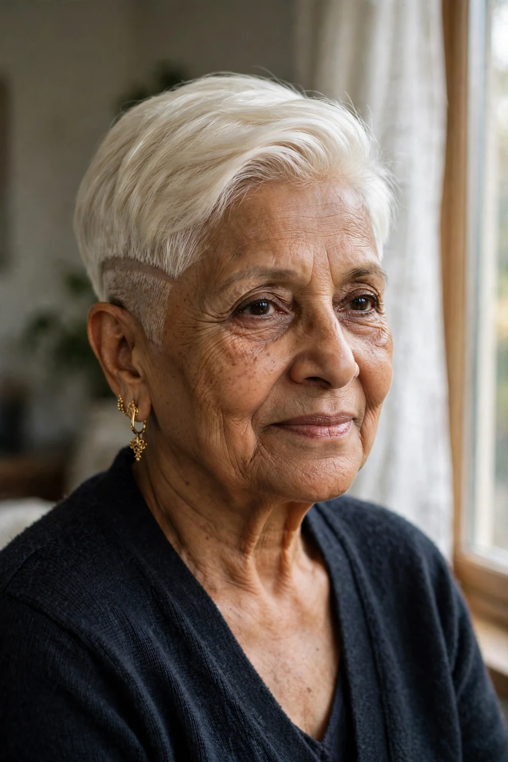 South Asian woman in her mid 60s with a bright platinum pixie and faded undercut sides