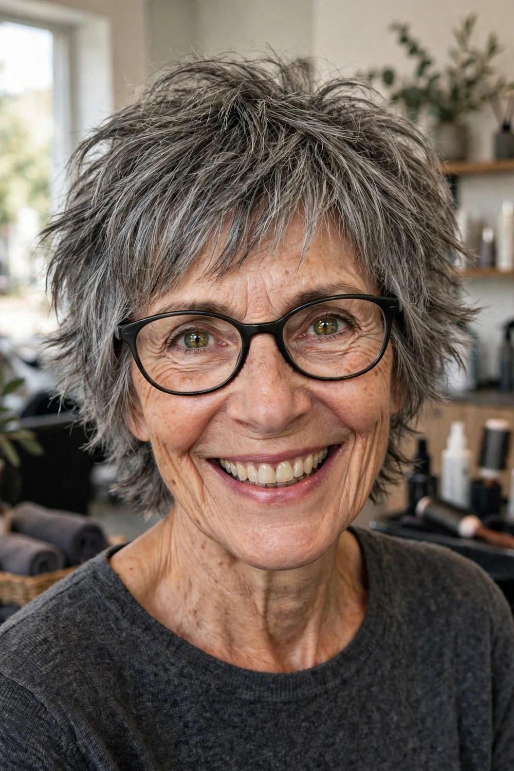 Playful shag haircut on a woman over 60 wearing glasses
