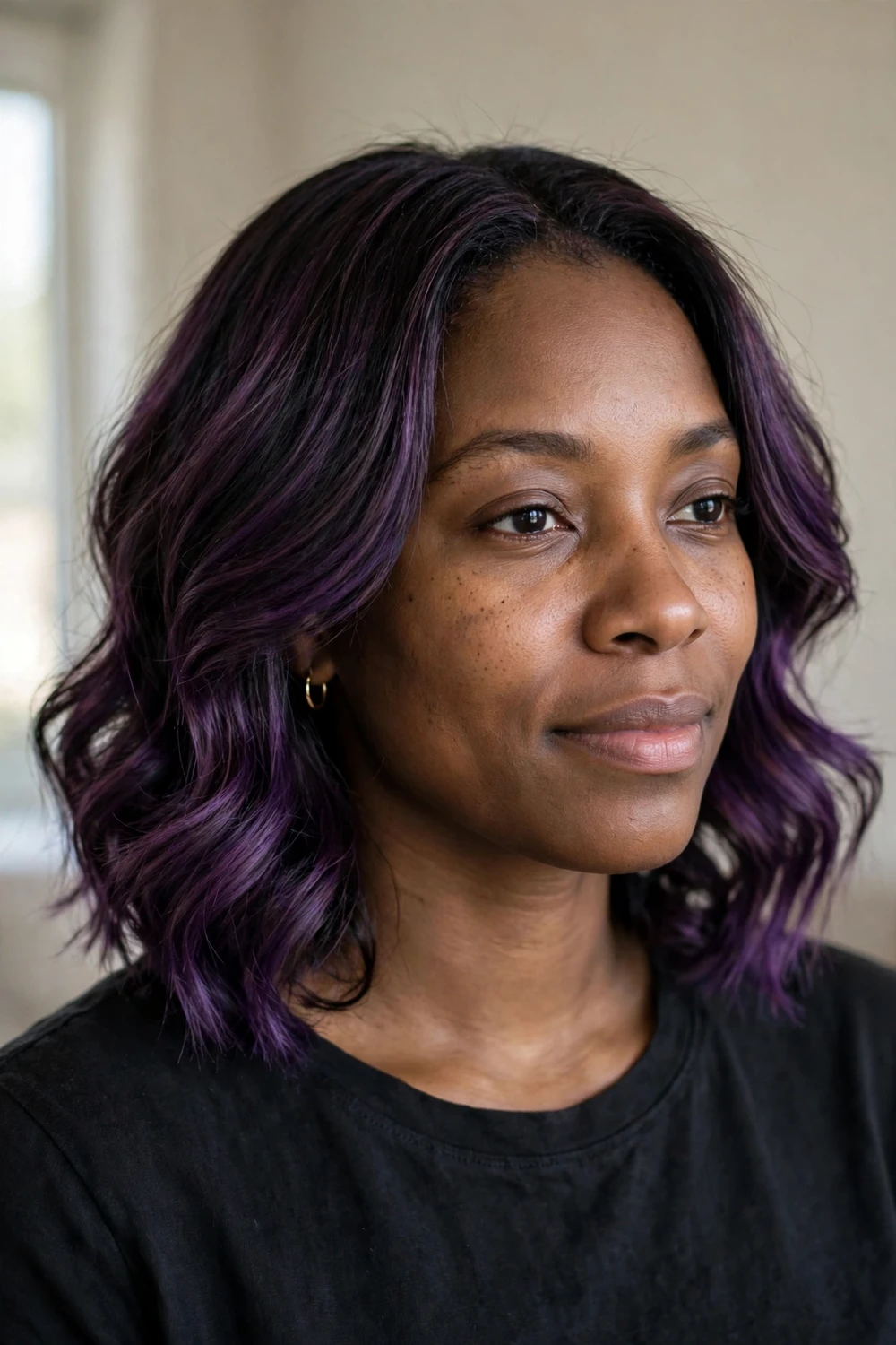 Woman with cool plum and aubergine shoulder-length hair in deep purple tones