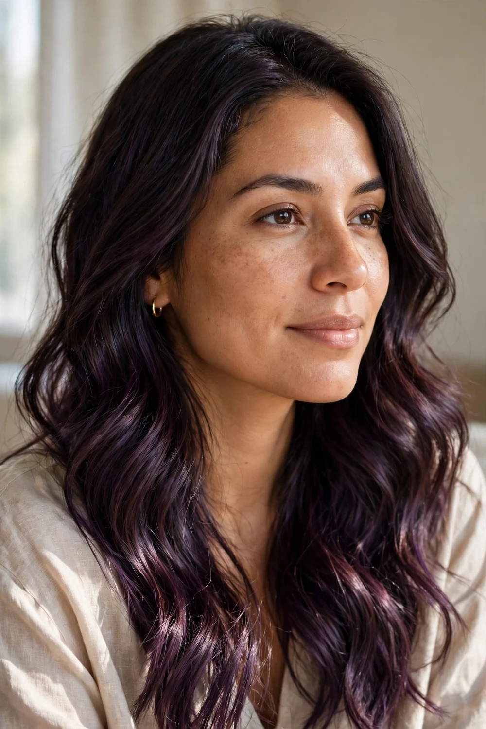 Dark brunette hair with subtle plum-purple tinted undertones in the waves