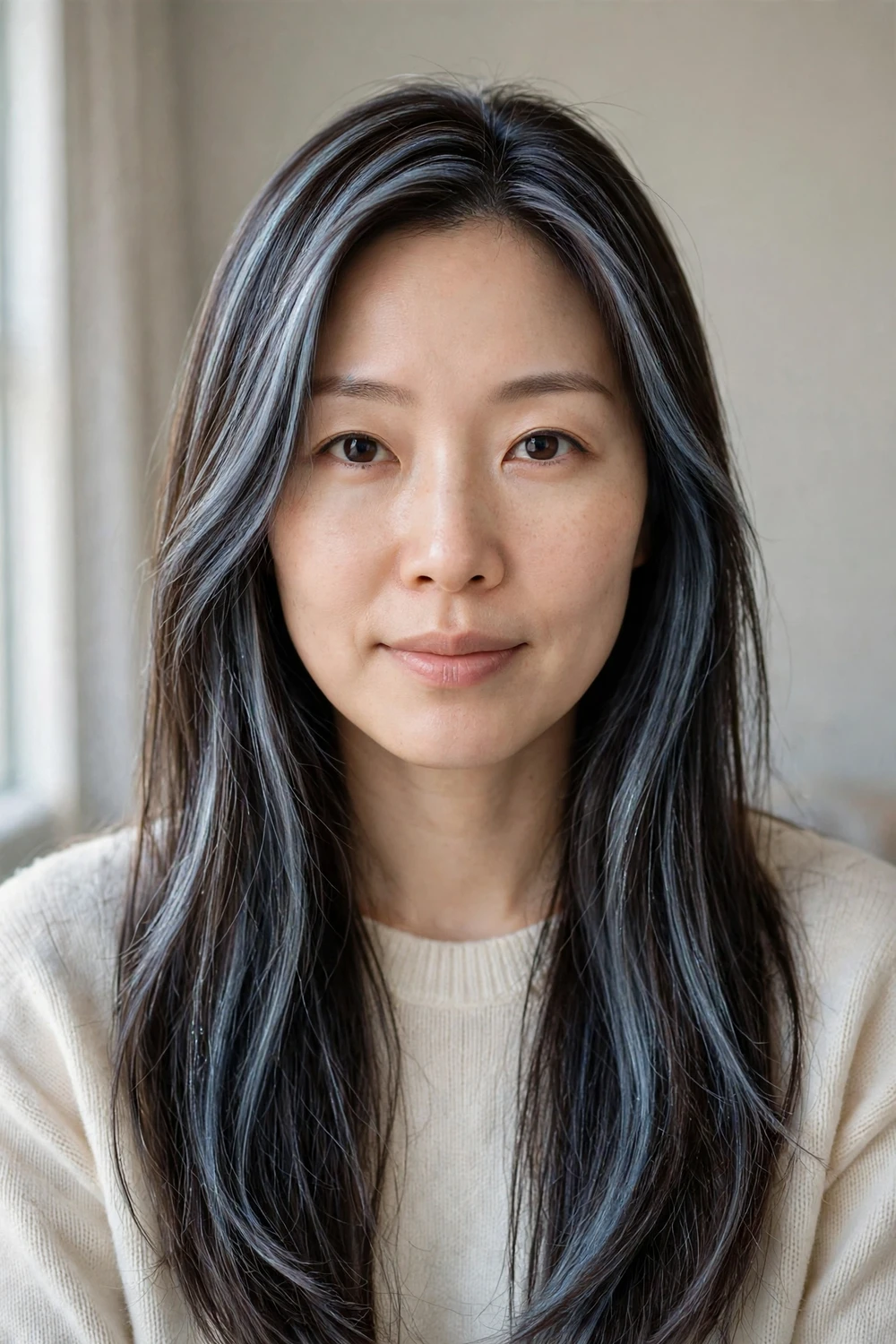 Woman with polar brunette long straight hair in dark brown with cool icy accents