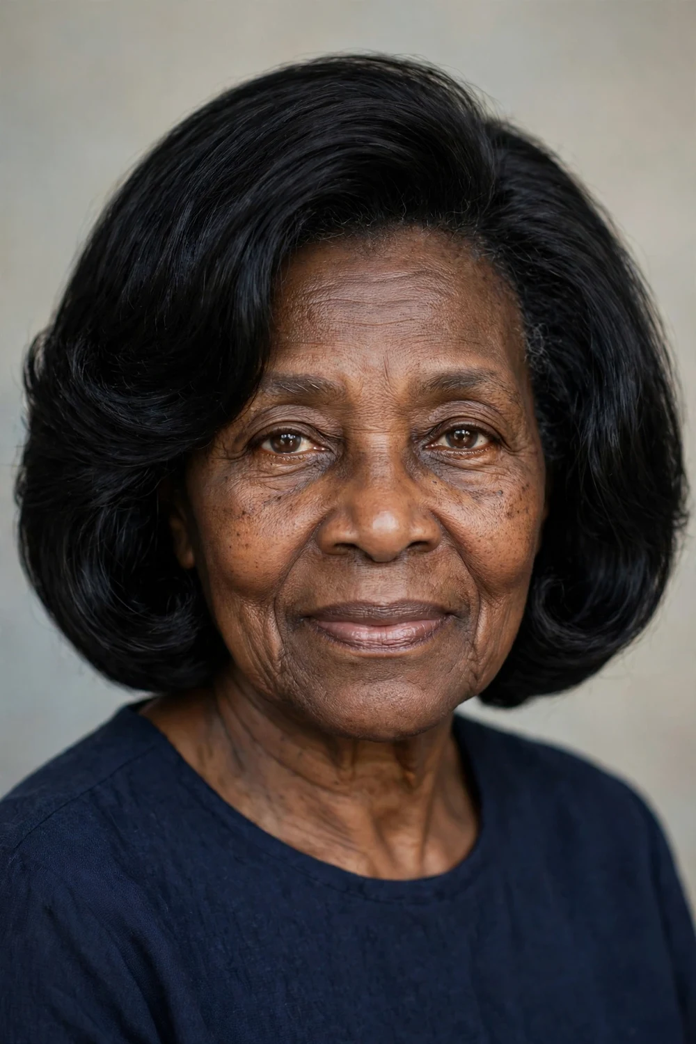 Woman in her early 70s with polished chin-length bob with curved-under ends, three-quarter view
