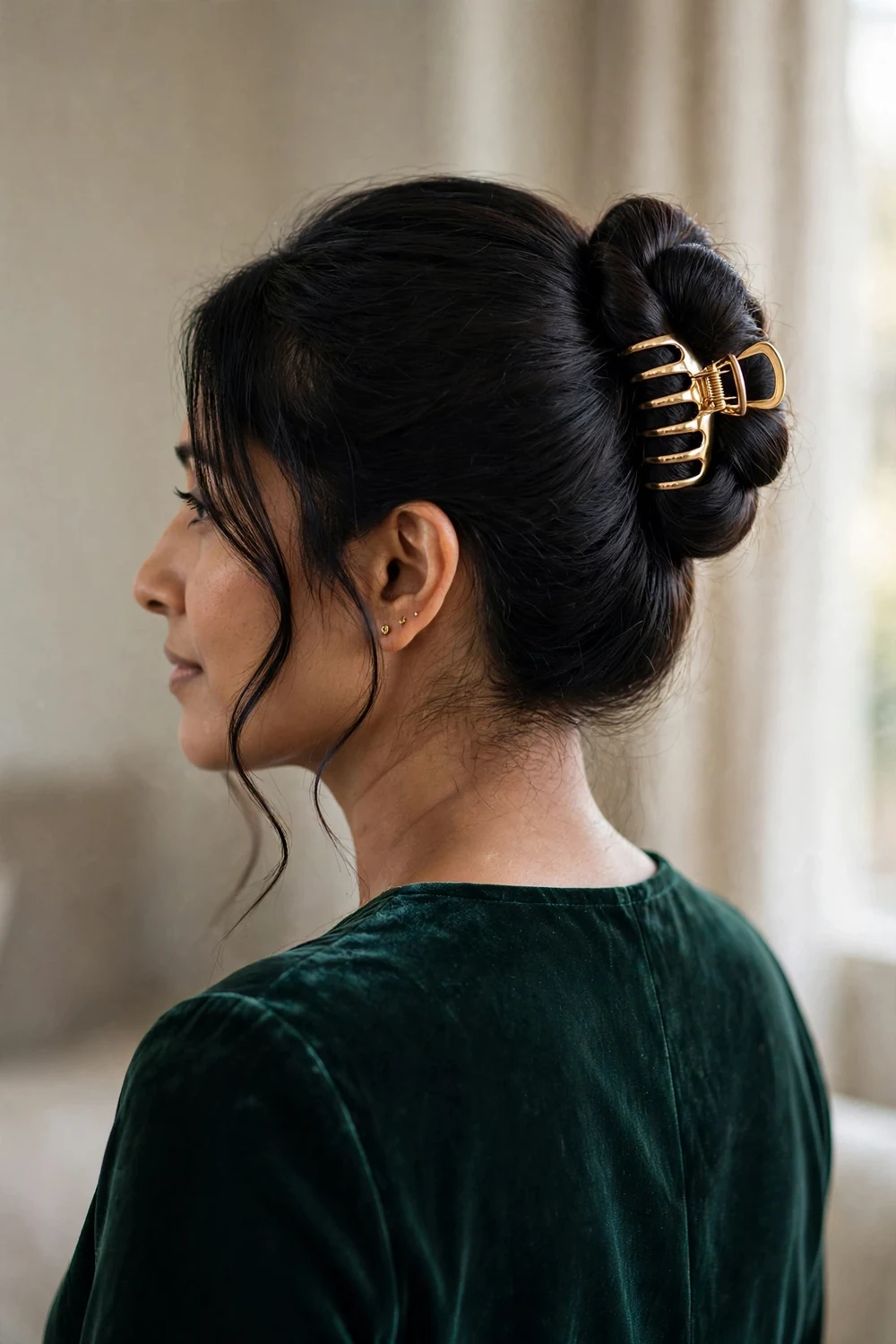Woman with black long hair in a neat polished twist updo with a slim gold claw clip and soft face-framing pieces