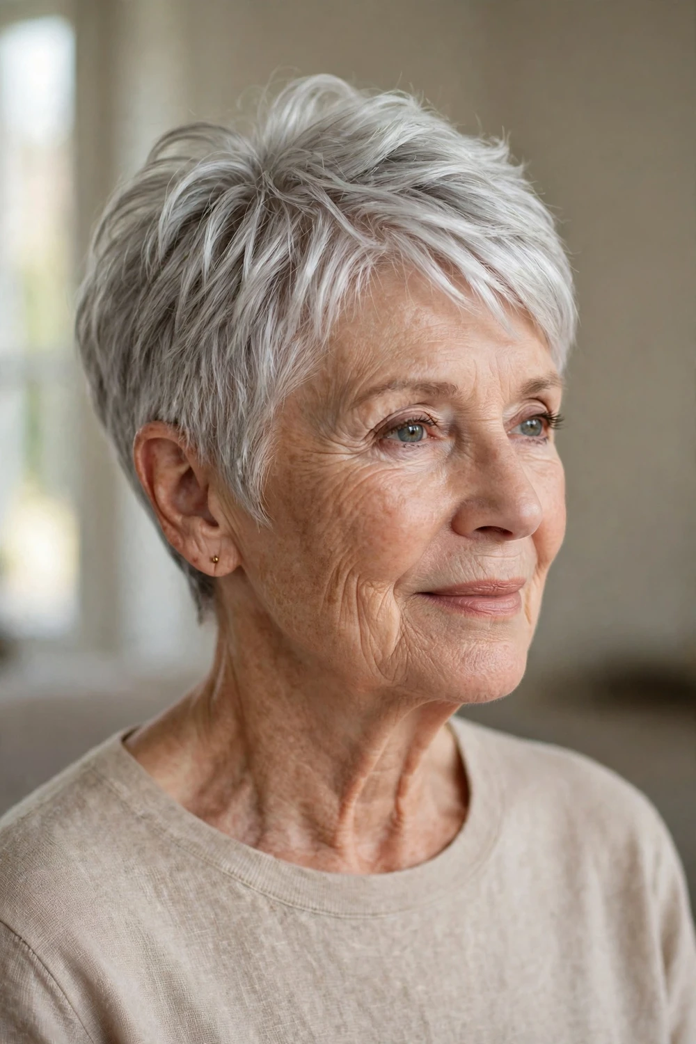 Polished silver pixie haircut with refined shape