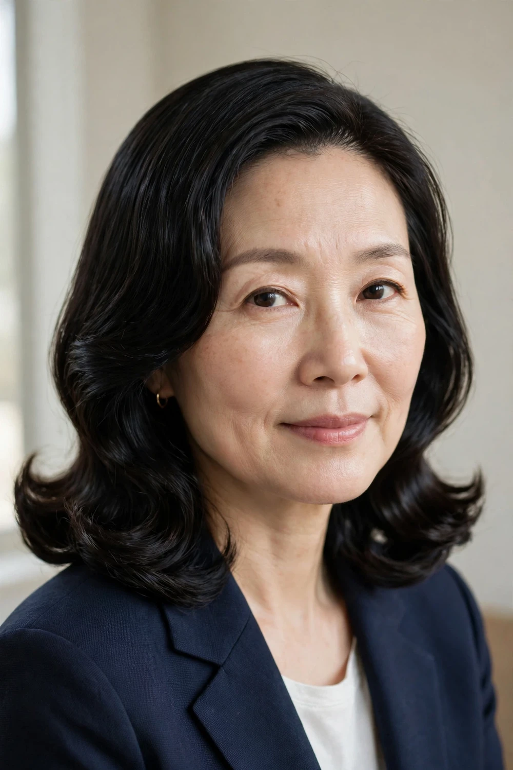 East Asian woman in her early 50s with polished waves and rounded ends in glossy black hair