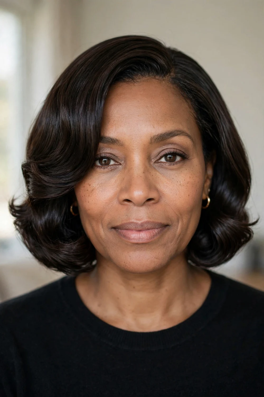 Polished sleek wavy bob with glossy waves on dark espresso hair, front view