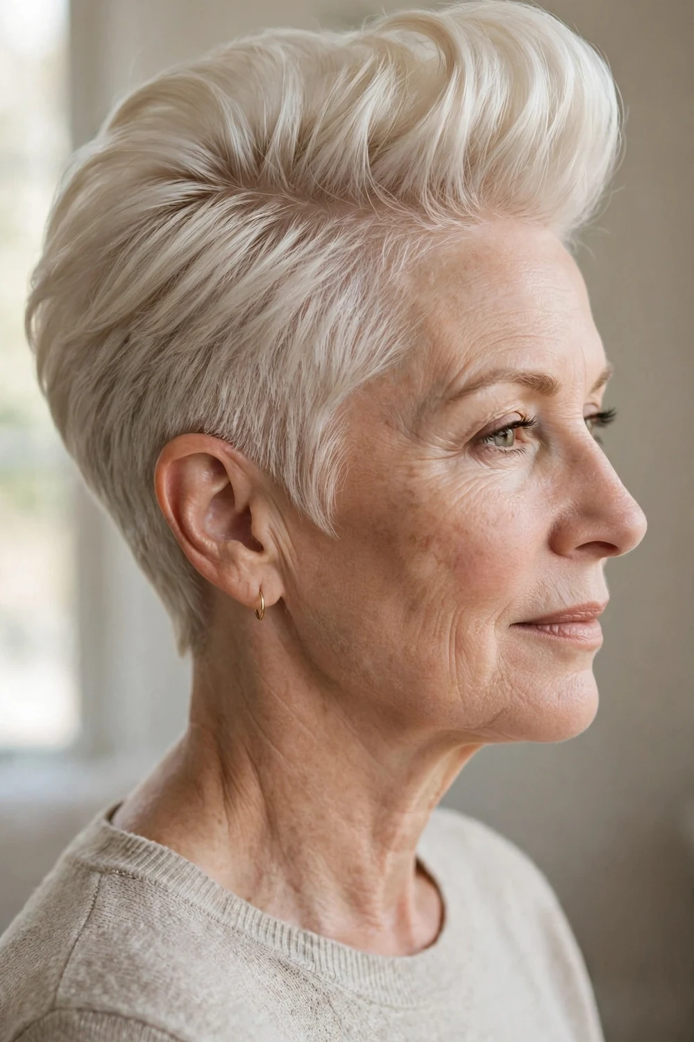 Side view of a pompadour pixie with lifted top on a woman over 50 with thin platinum hair