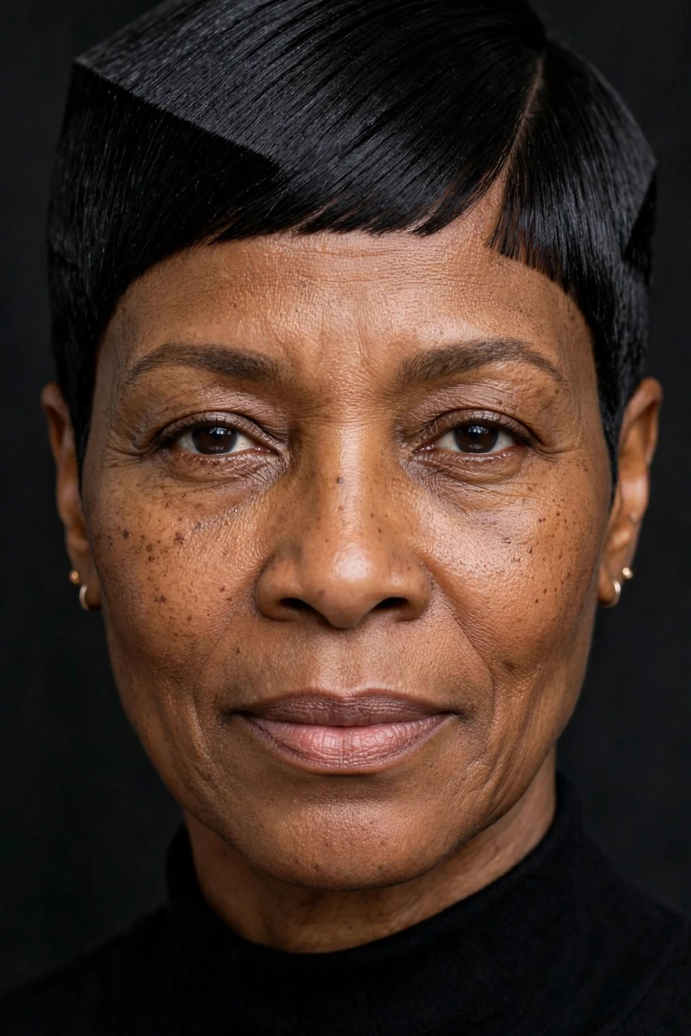 Older Black woman with a precision geometric short cut