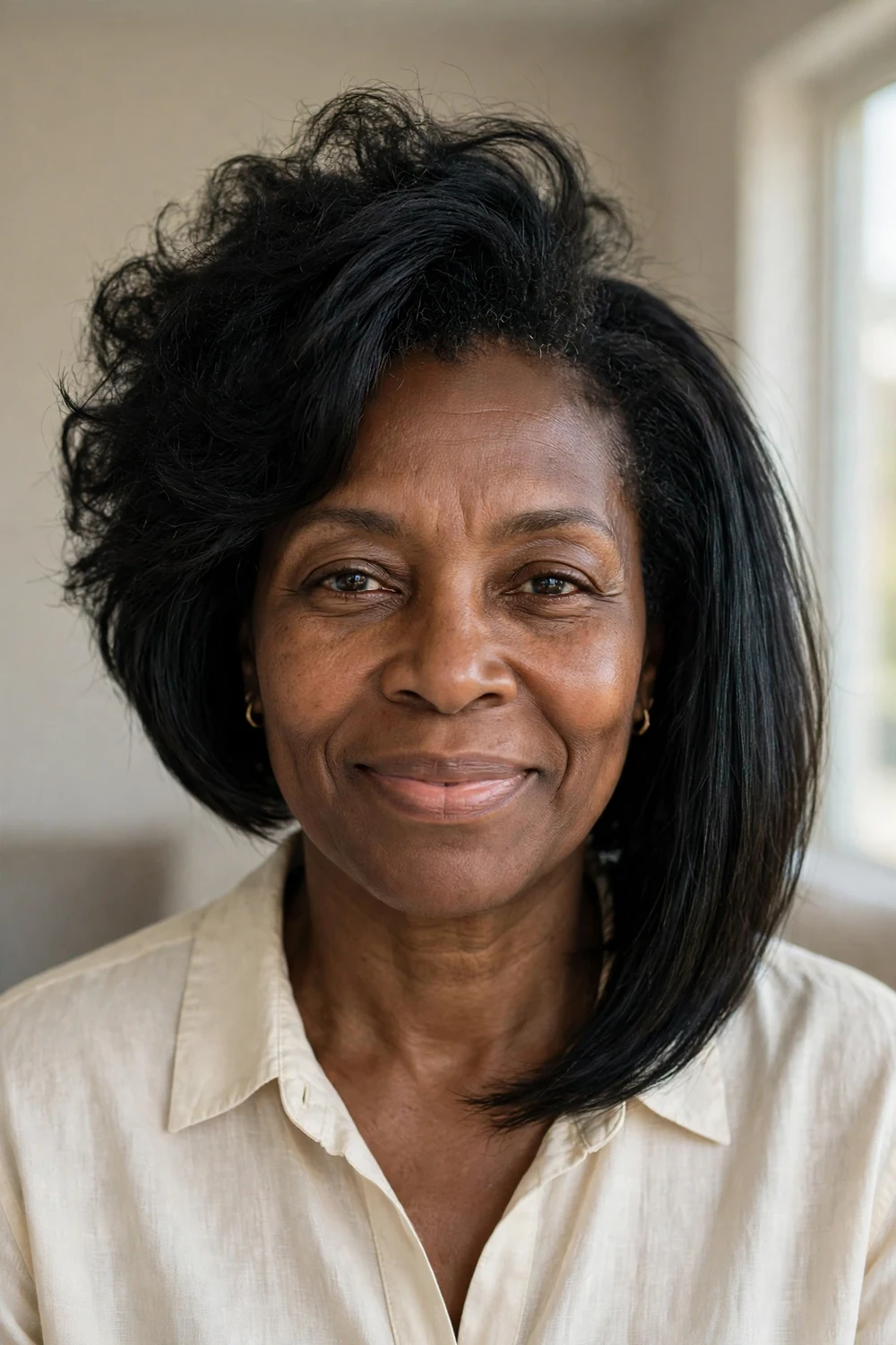 Black woman with pressed natural asymmetrical bob, volume at the roots and sleek angled ends