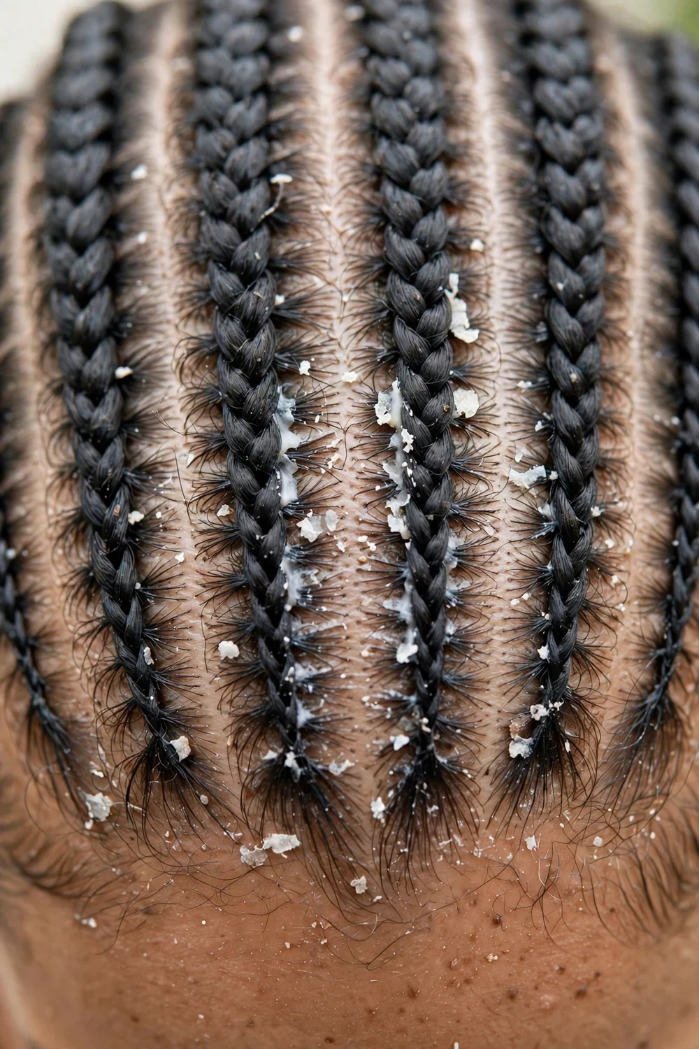Close-up of a braided scalp parting showing product buildup between neat cornrows