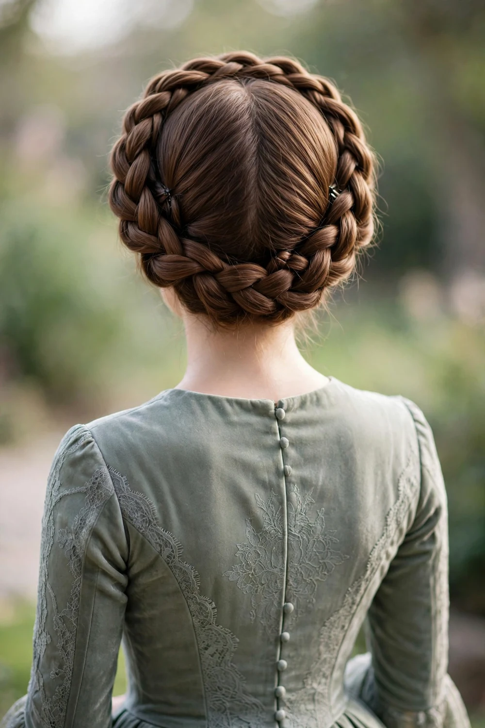 Young woman with an elegant braided crown circling her head, back view, prom hairstyle