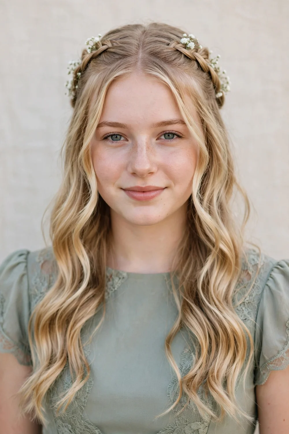 Braided half up prom hairstyle with small flowers woven in
