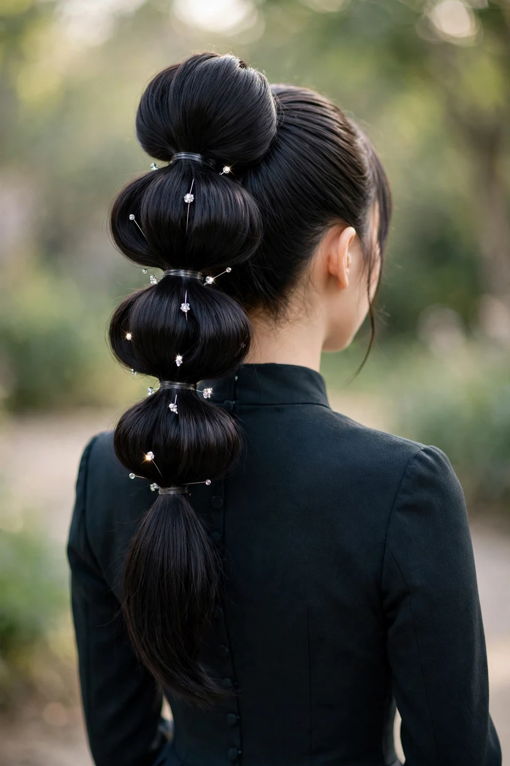 Young woman with a bubble ponytail decorated with small crystal pins, back view, prom hairstyle