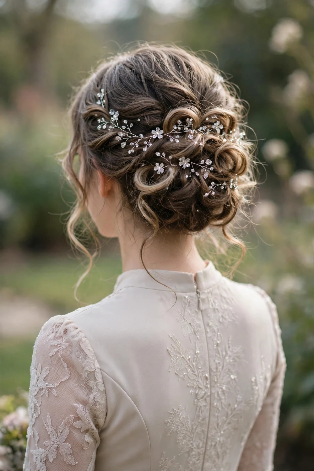 Young woman with a loose romantic updo decorated with a crystal hair vine, back view, prom hairstyle
