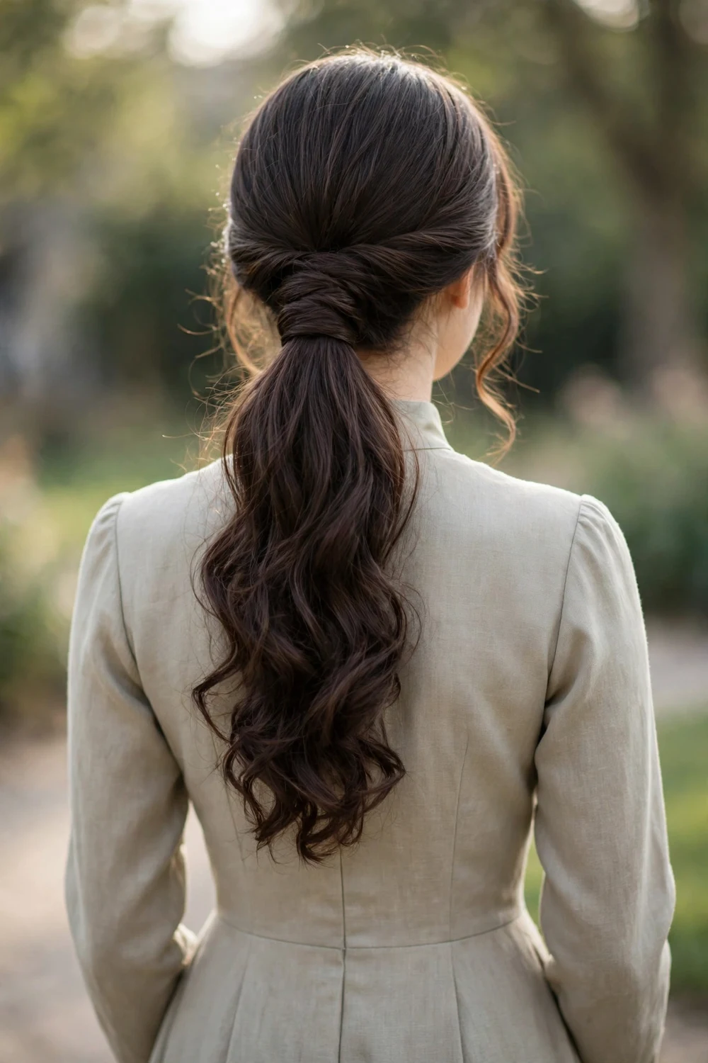 Young woman with a curled low ponytail with the base wrapped in hair, back view, prom hairstyle