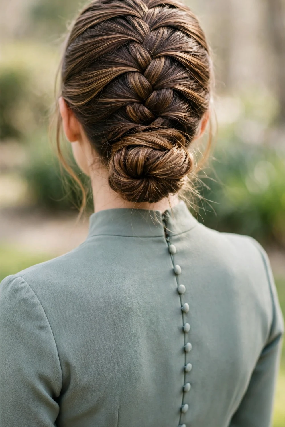 Young woman with a Dutch braid leading into a low bun, back view, prom hairstyle