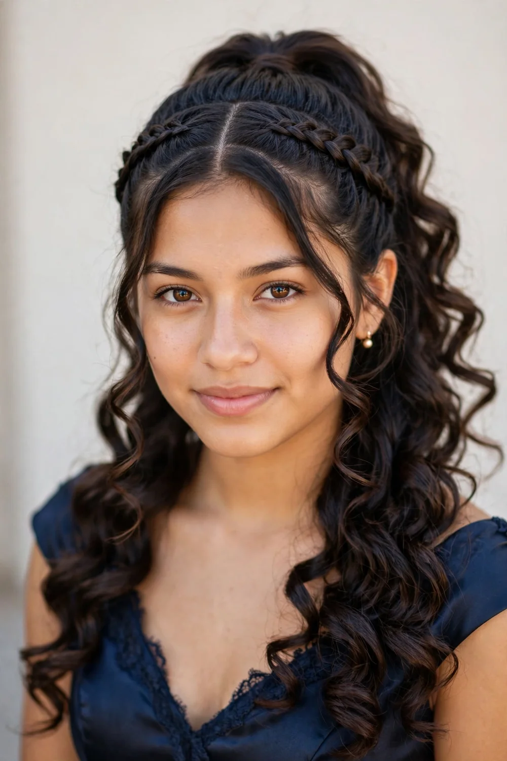 Fishtail braids feeding into a half up ponytail for prom