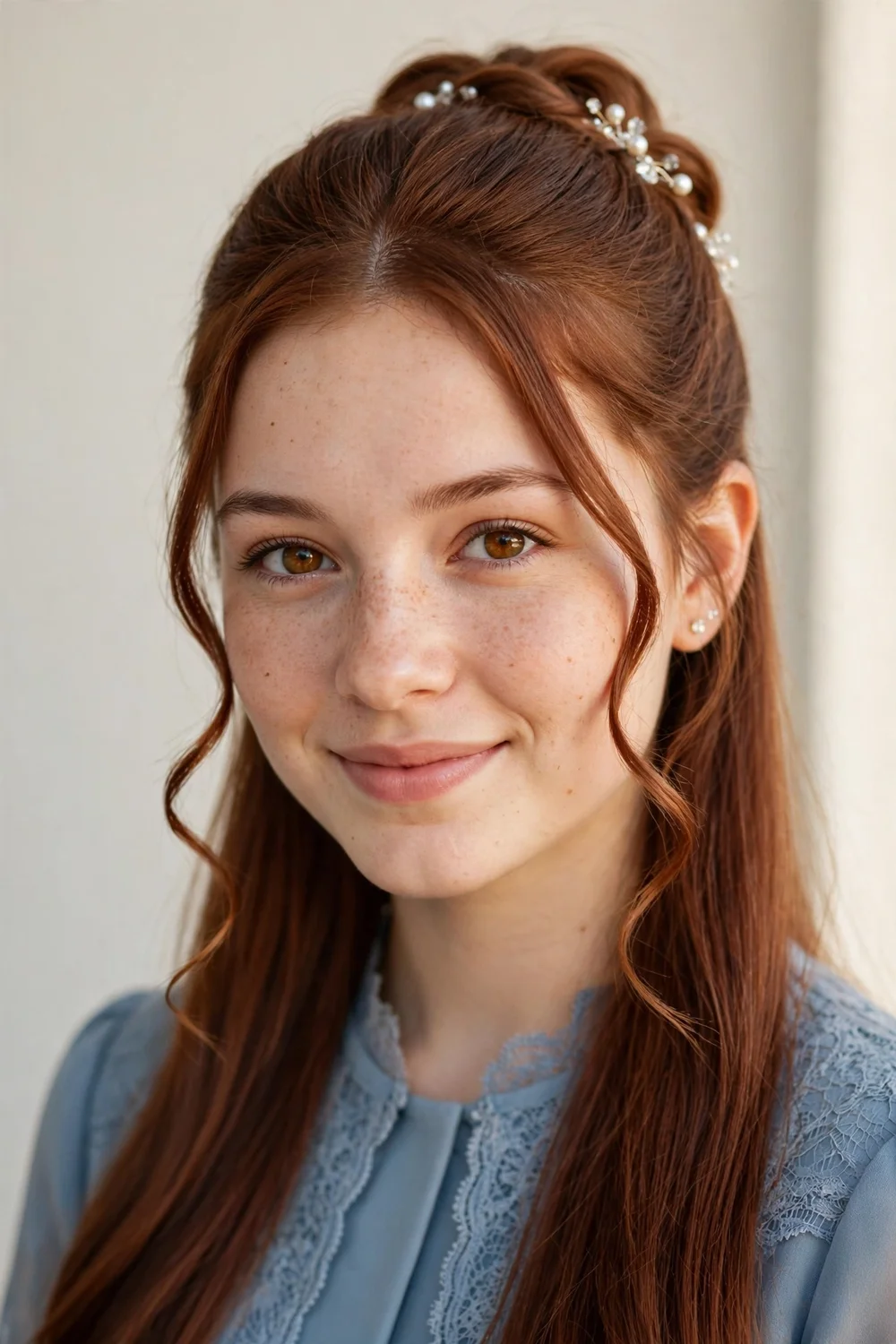 Half up prom hairstyle with soft face-framing tendrils