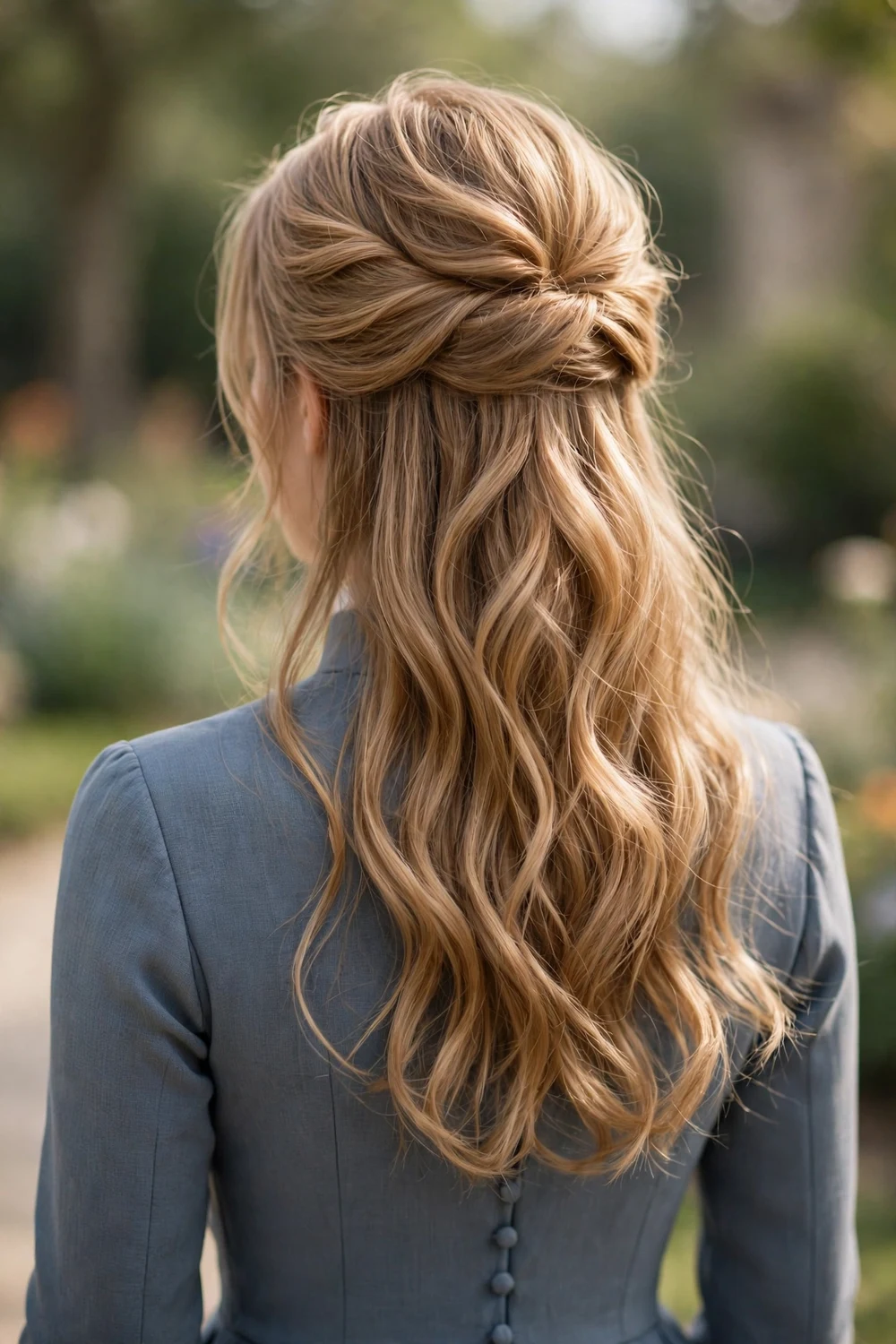 Young woman with soft half-up half-down wavy prom hairstyle, back view
