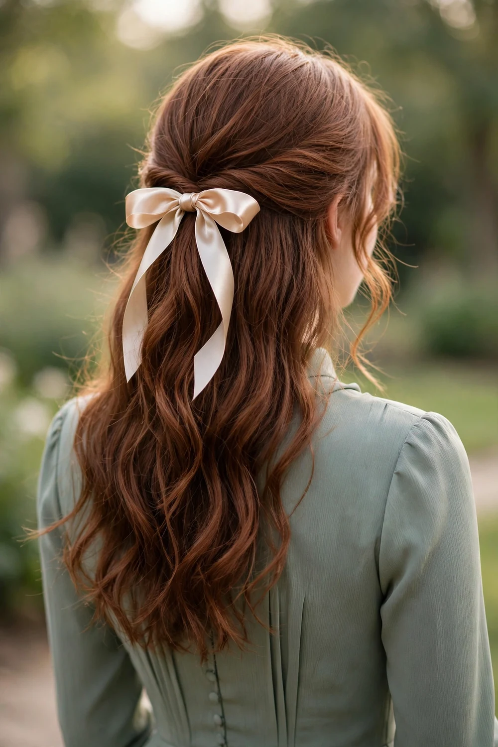 Young woman with half-up waves tied with a satin ribbon bow, back view, prom hairstyle