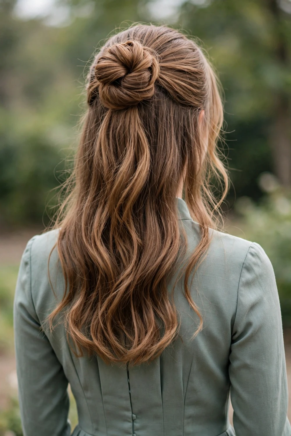 Young woman with a half-up twisted bun and flowing hair, back view, prom hairstyle