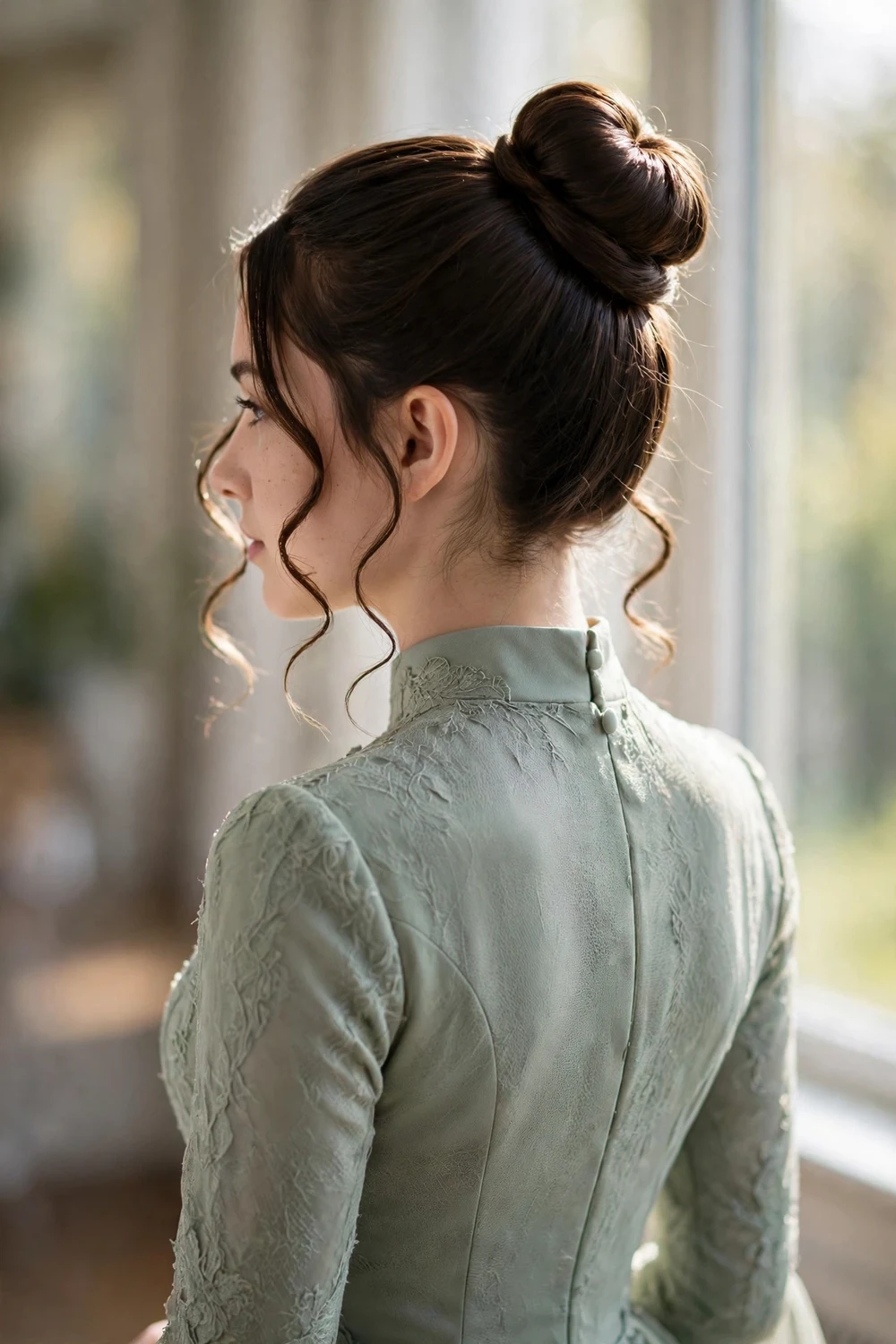 Young woman with a polished high bun and soft curtain tendrils framing her face, back view, prom hairstyle