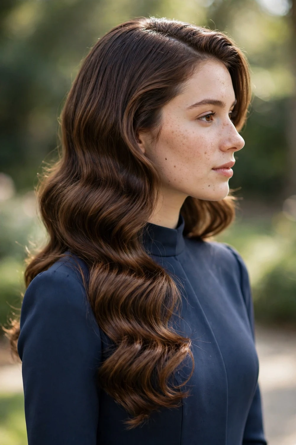 Young woman with classic glossy Hollywood waves over one shoulder, side view, prom hairstyle