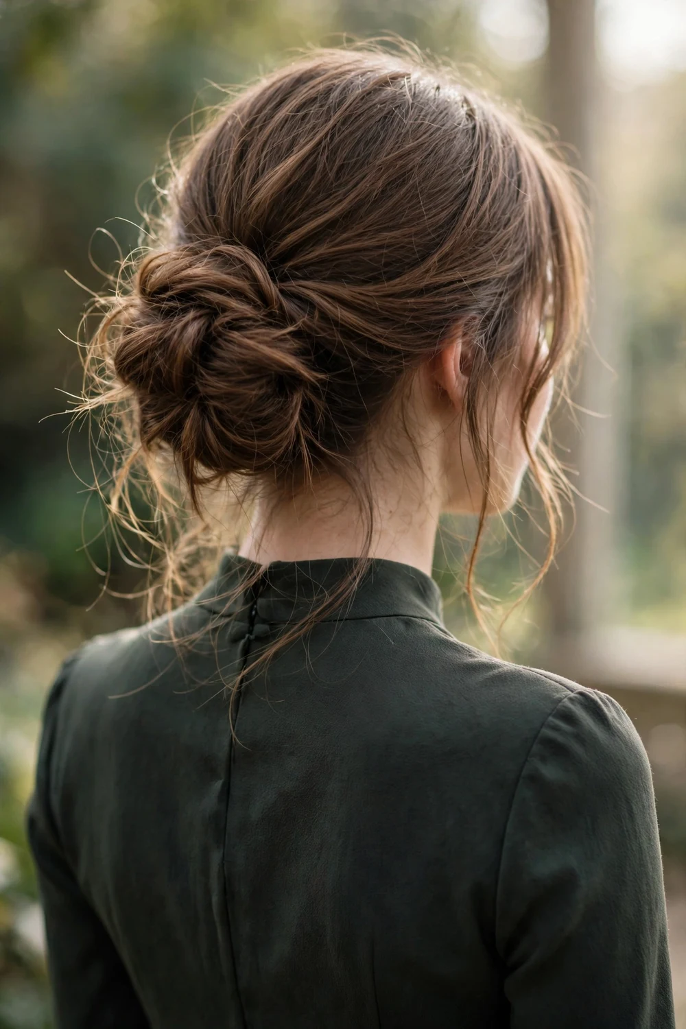 Young woman with a messy textured low bun with loose strands, back view, prom hairstyle