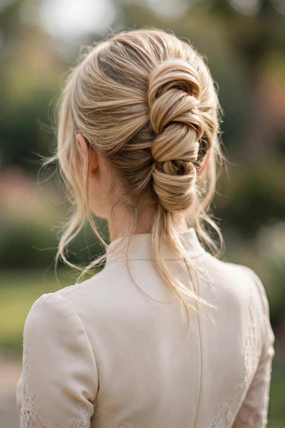 Young woman with a modern French twist updo with soft texture, back view, prom hairstyle