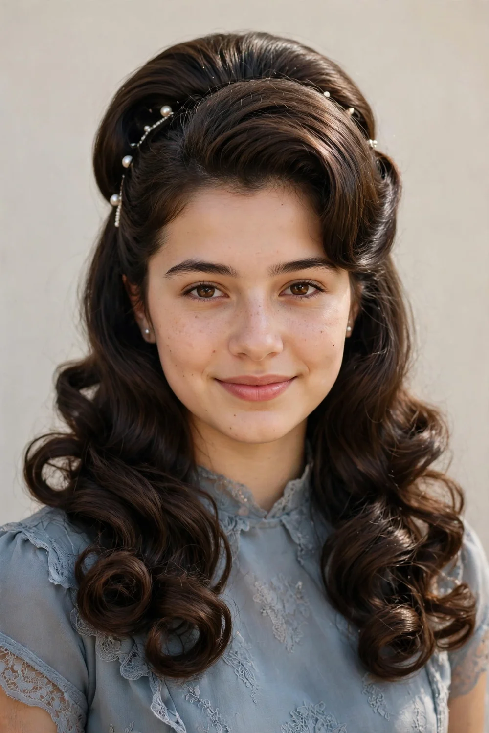 Retro bouffant half up prom hairstyle with volume at the crown