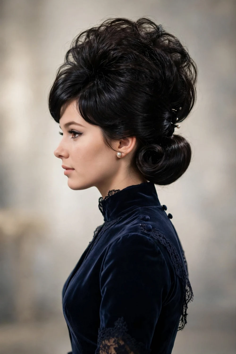 Young woman with a retro bouffant updo with volume at the crown, side view, prom hairstyle