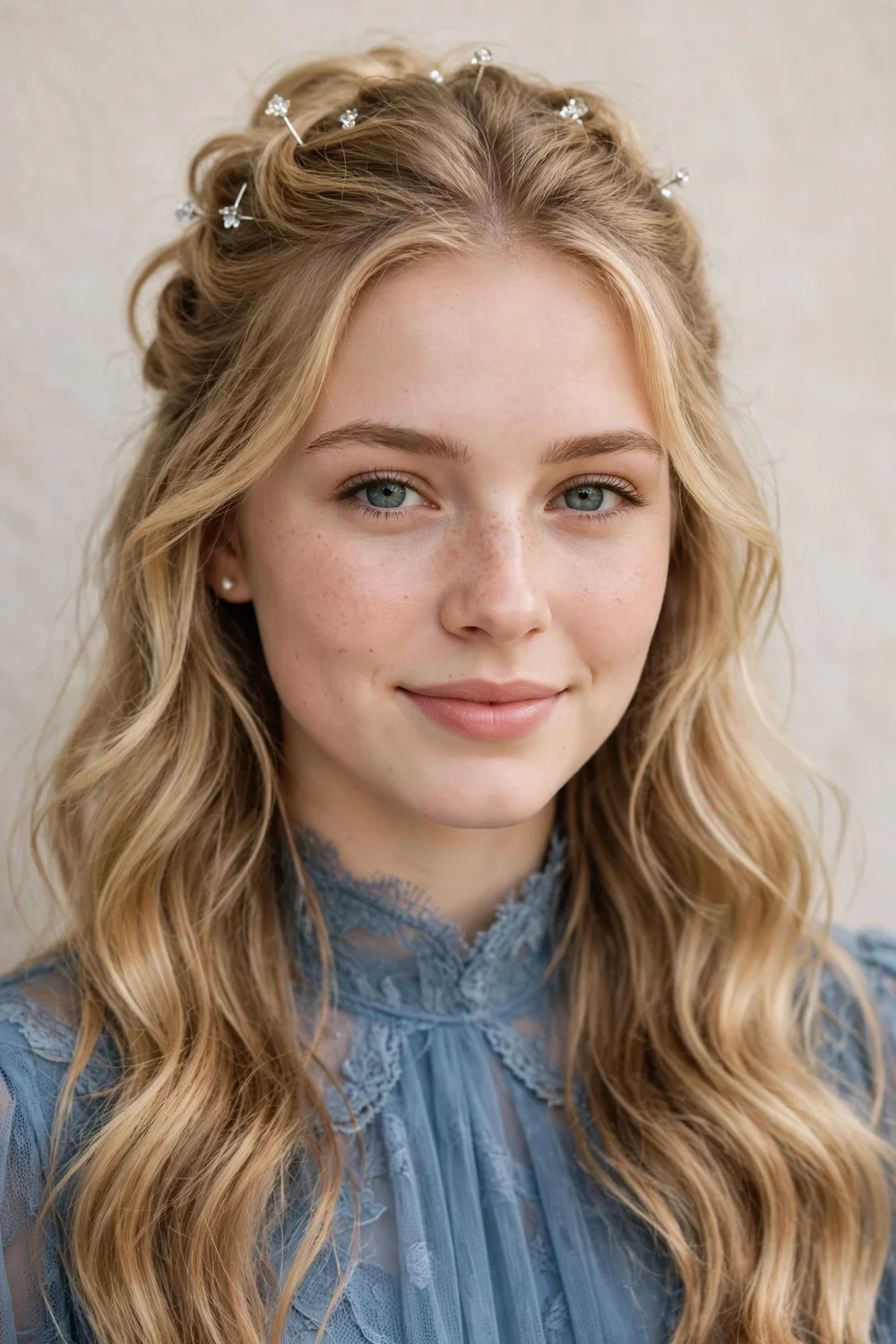 Romantic textured half updo with decorative pins for prom