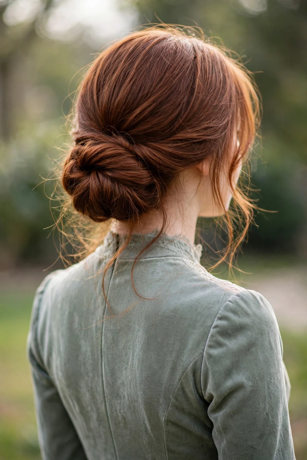 Young woman with a romantic low chignon bun at the nape with soft waves, back view, prom hairstyle