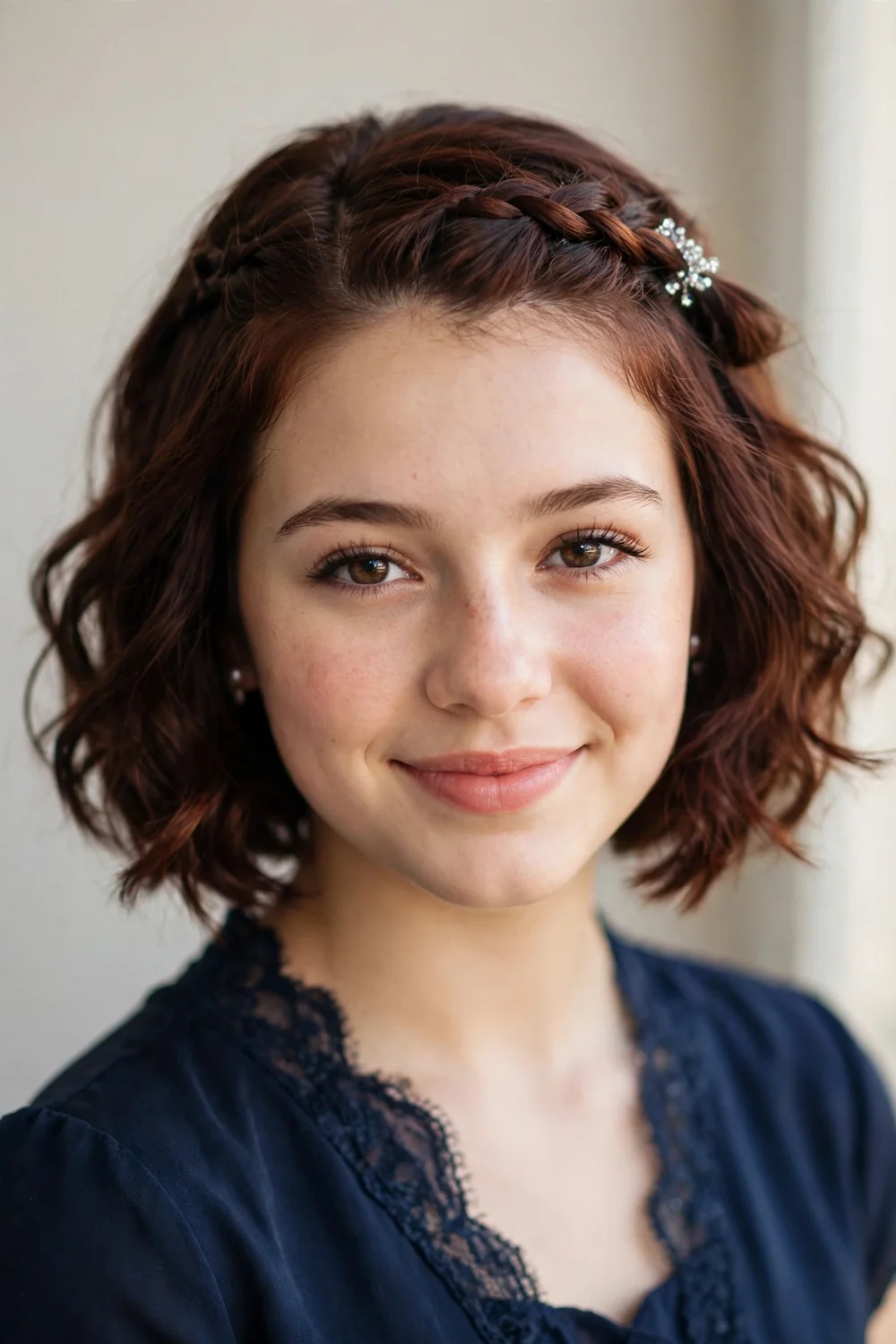 Short hair half up braid with loose curls for prom