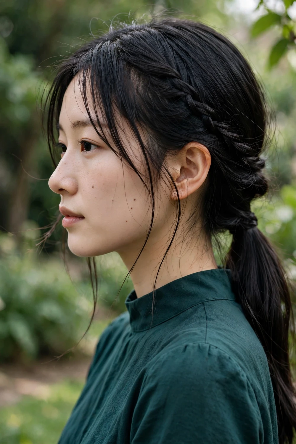 Young woman with a side braid flowing into a loose low ponytail, side view, prom hairstyle
