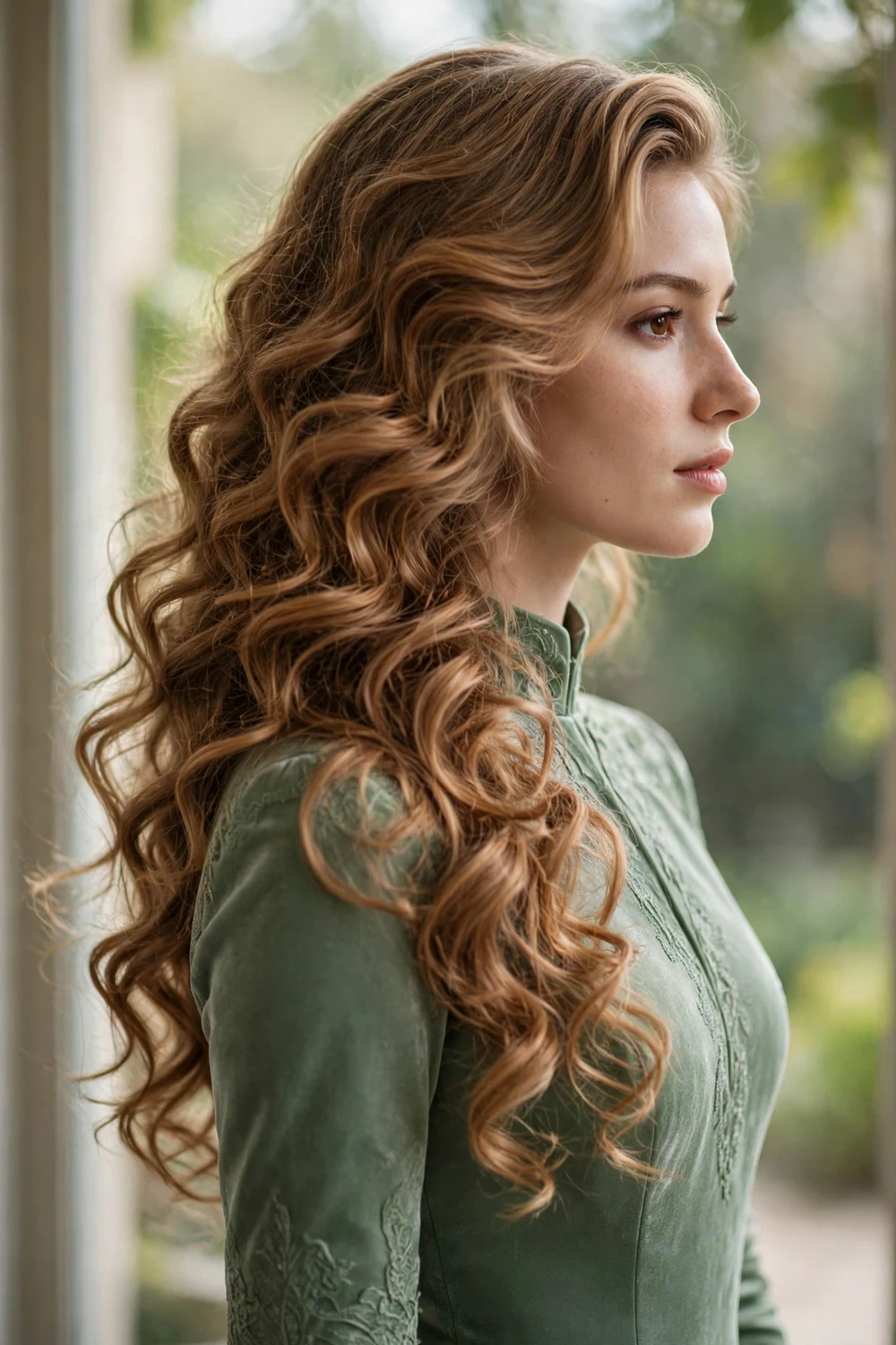 Young woman with loose curls swept dramatically to one side, side view, prom hairstyle