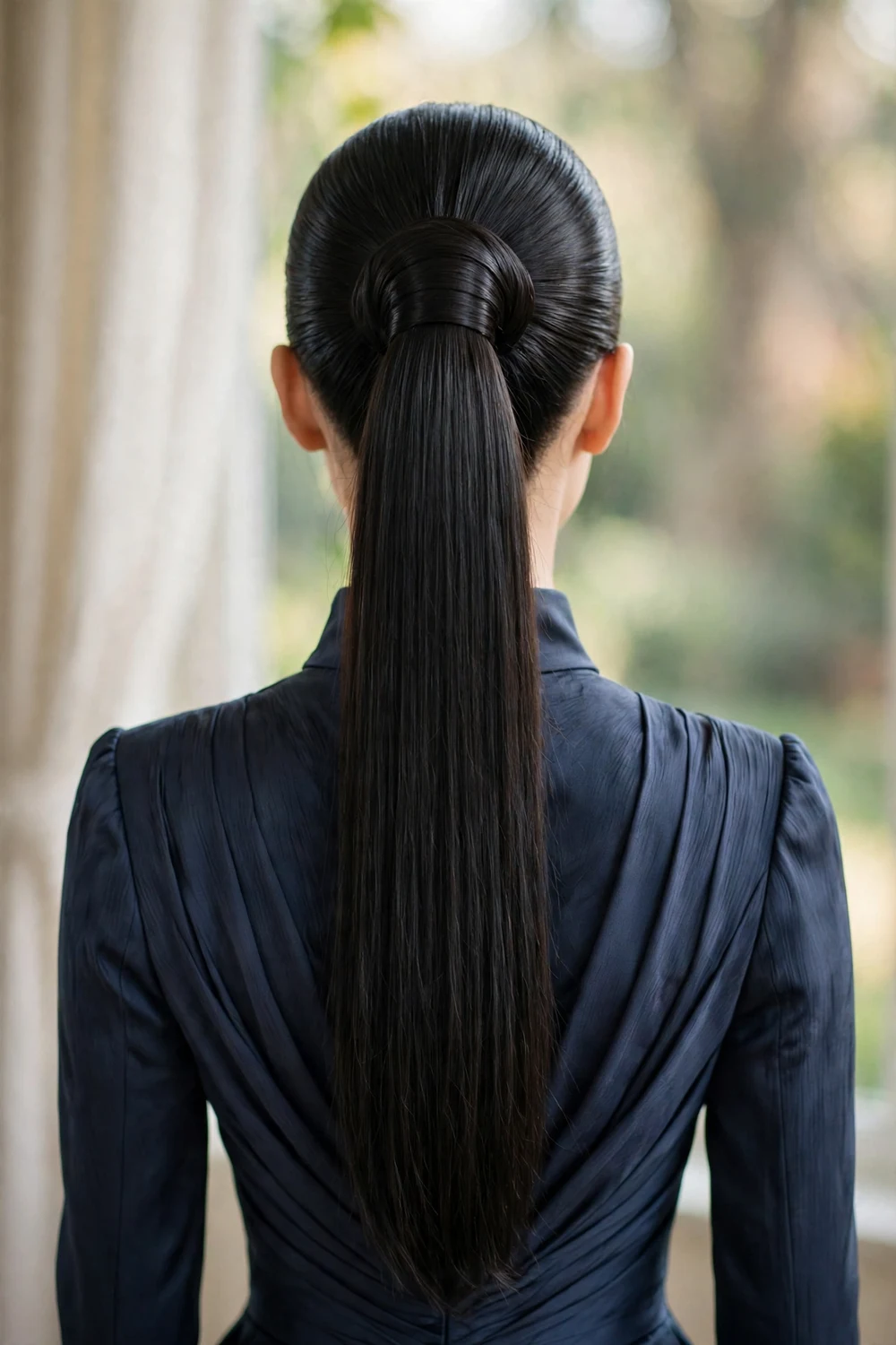 Young woman with a sleek high ponytail, smooth and polished, back view, prom hairstyle