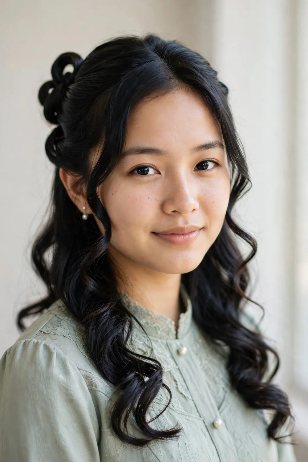 Twisted half up prom hairstyle with curled ends