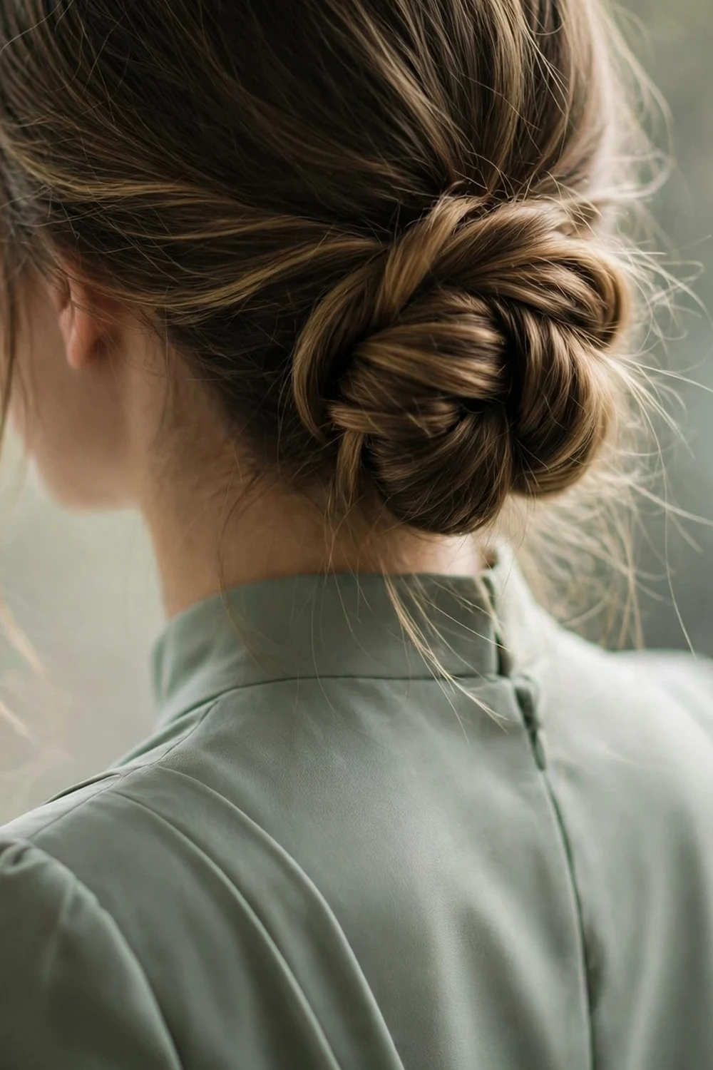 Young woman with a twisted chignon bun placed to one side at the nape, back view, prom hairstyle