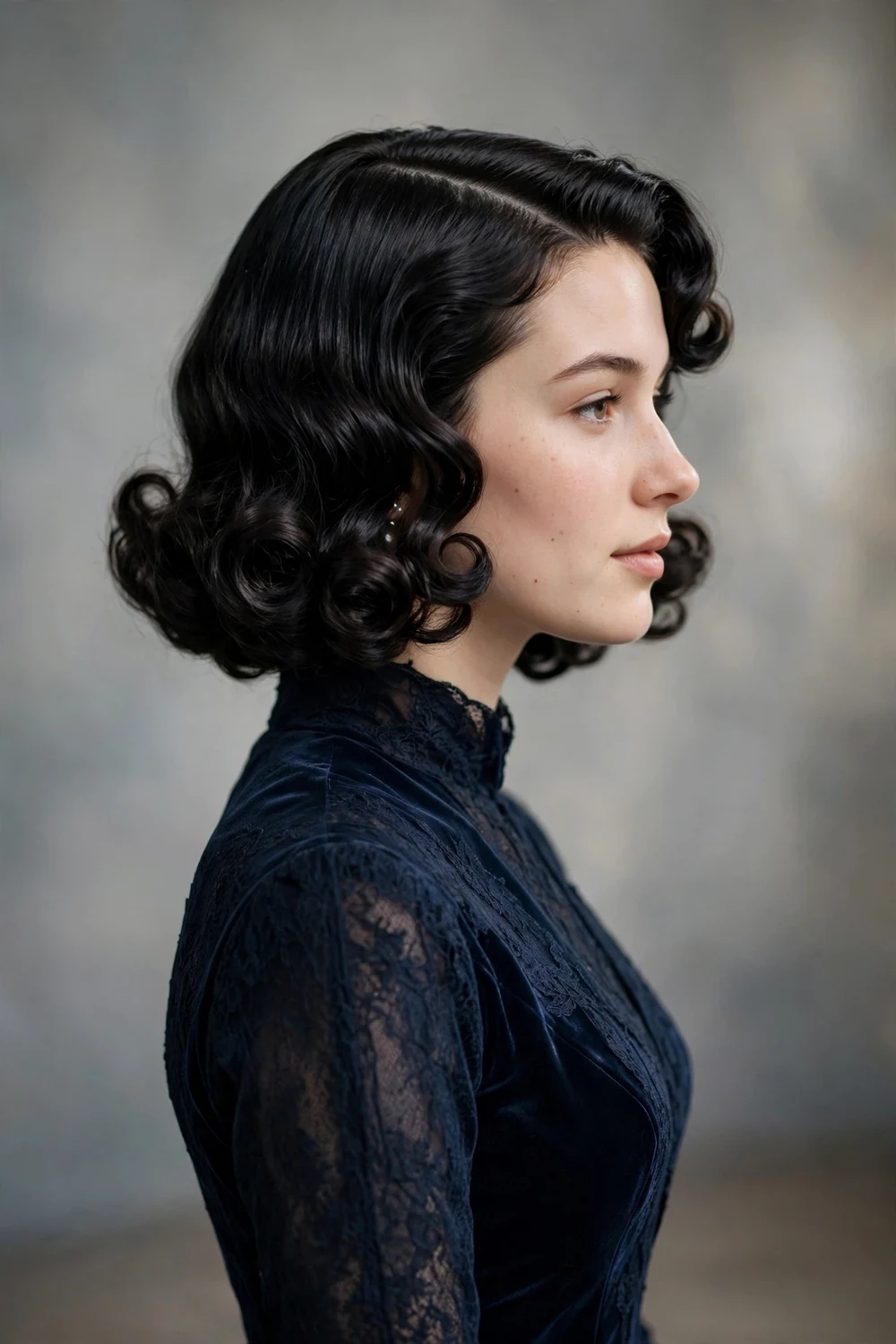 Young woman with a vintage curled bob with bouncy retro curls, side view, prom hairstyle