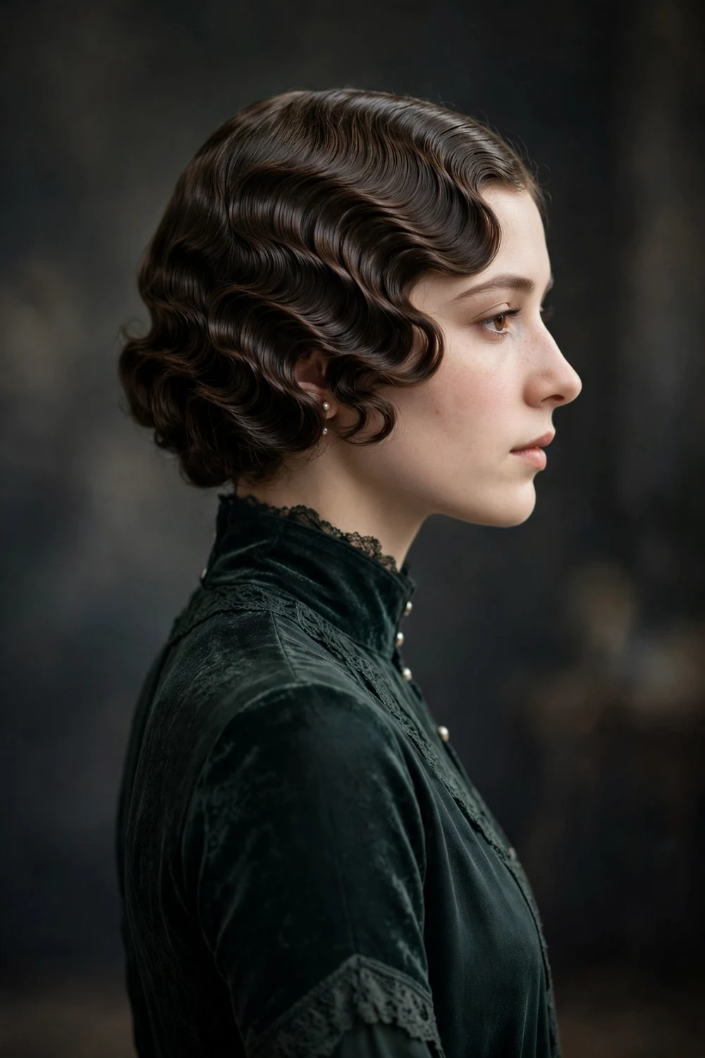 Young woman with sculpted vintage finger waves in a 1920s style, side view, prom hairstyle