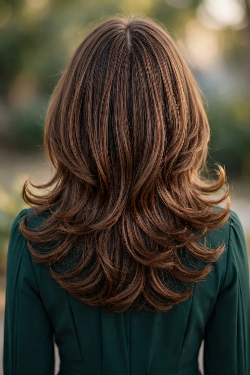 Young woman with a voluminous blowout with softly flipped ends, back view, prom hairstyle