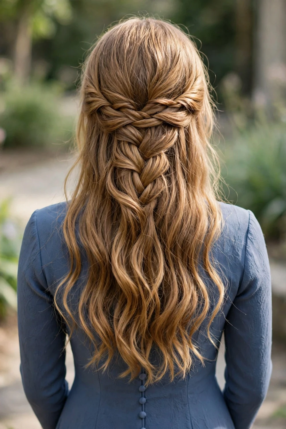 Young woman with a waterfall braid across the back over loose waves, back view, prom hairstyle