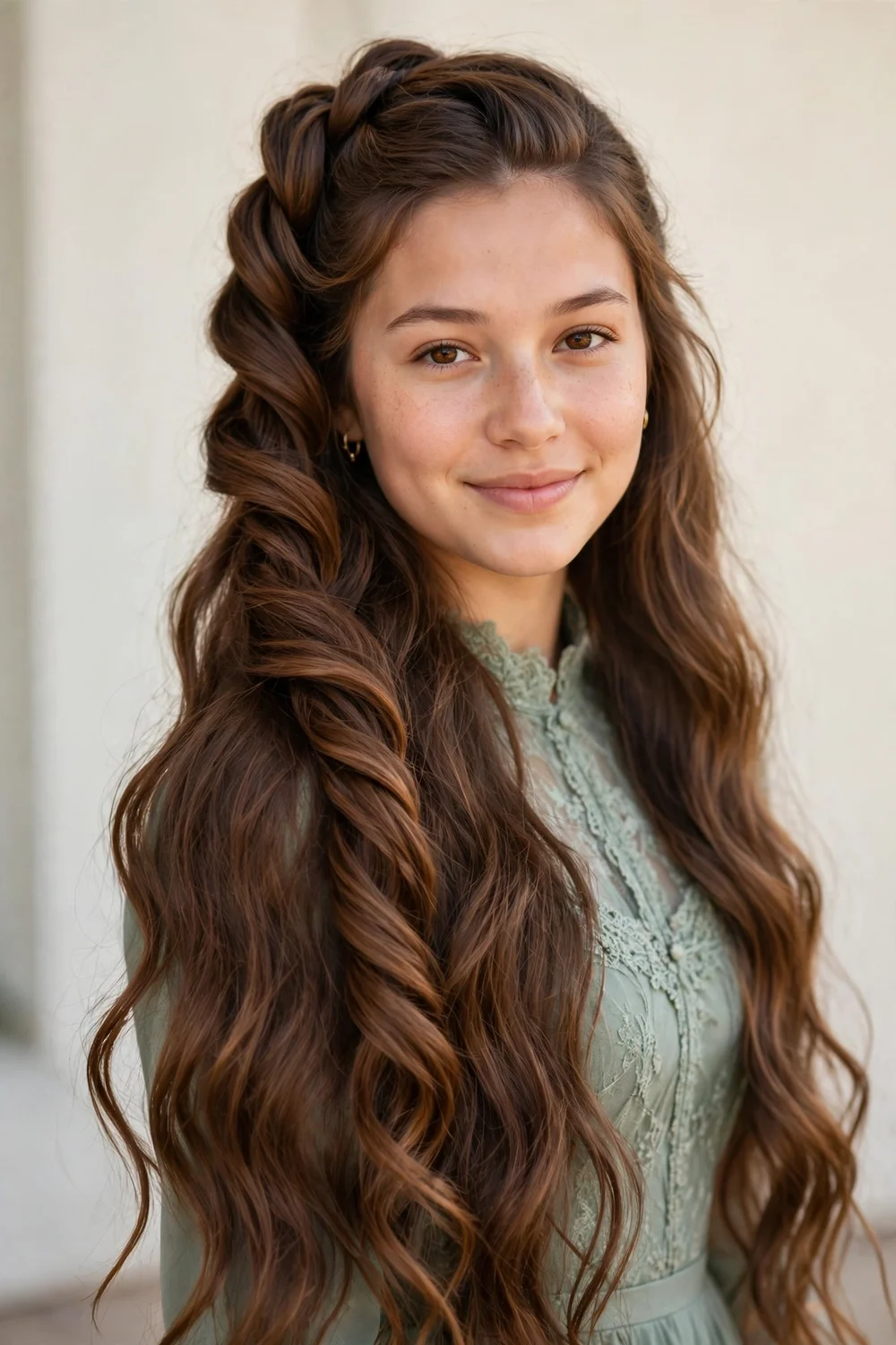 Waterfall twisted curl half up prom hairstyle