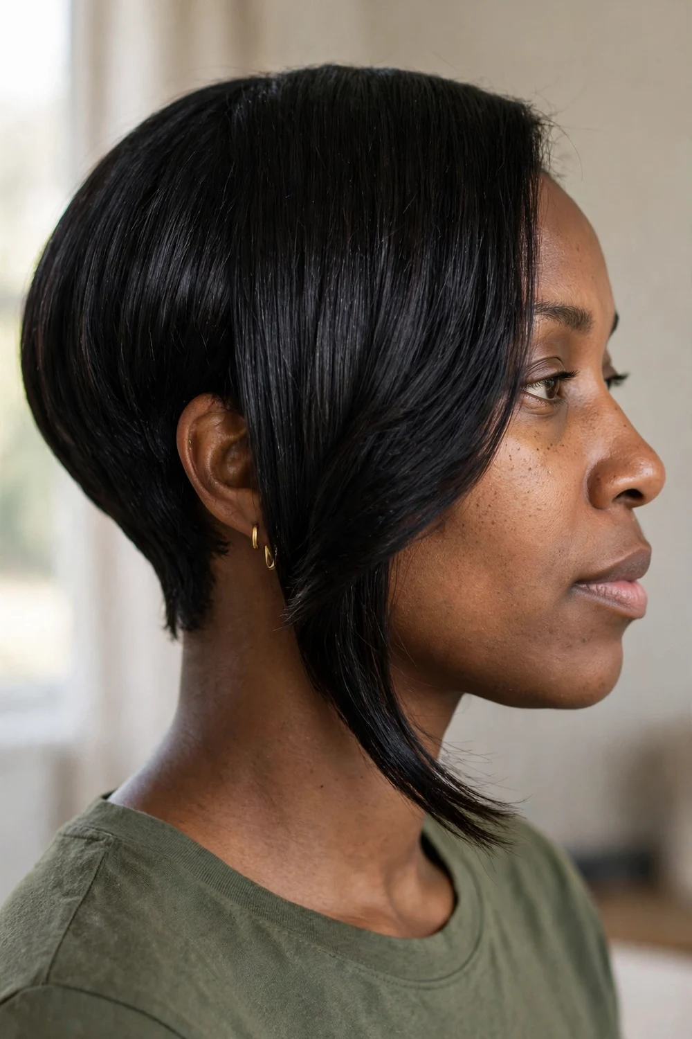 Black woman with sew-in weave cut into an angled asymmetrical bob