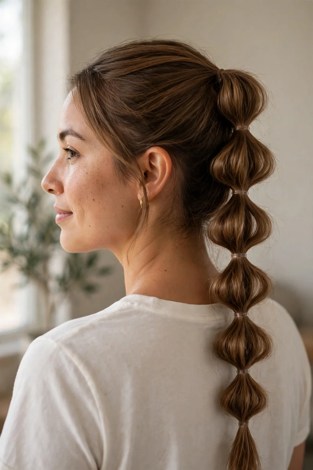 Woman with light brown medium-length hair in a pull-through braid