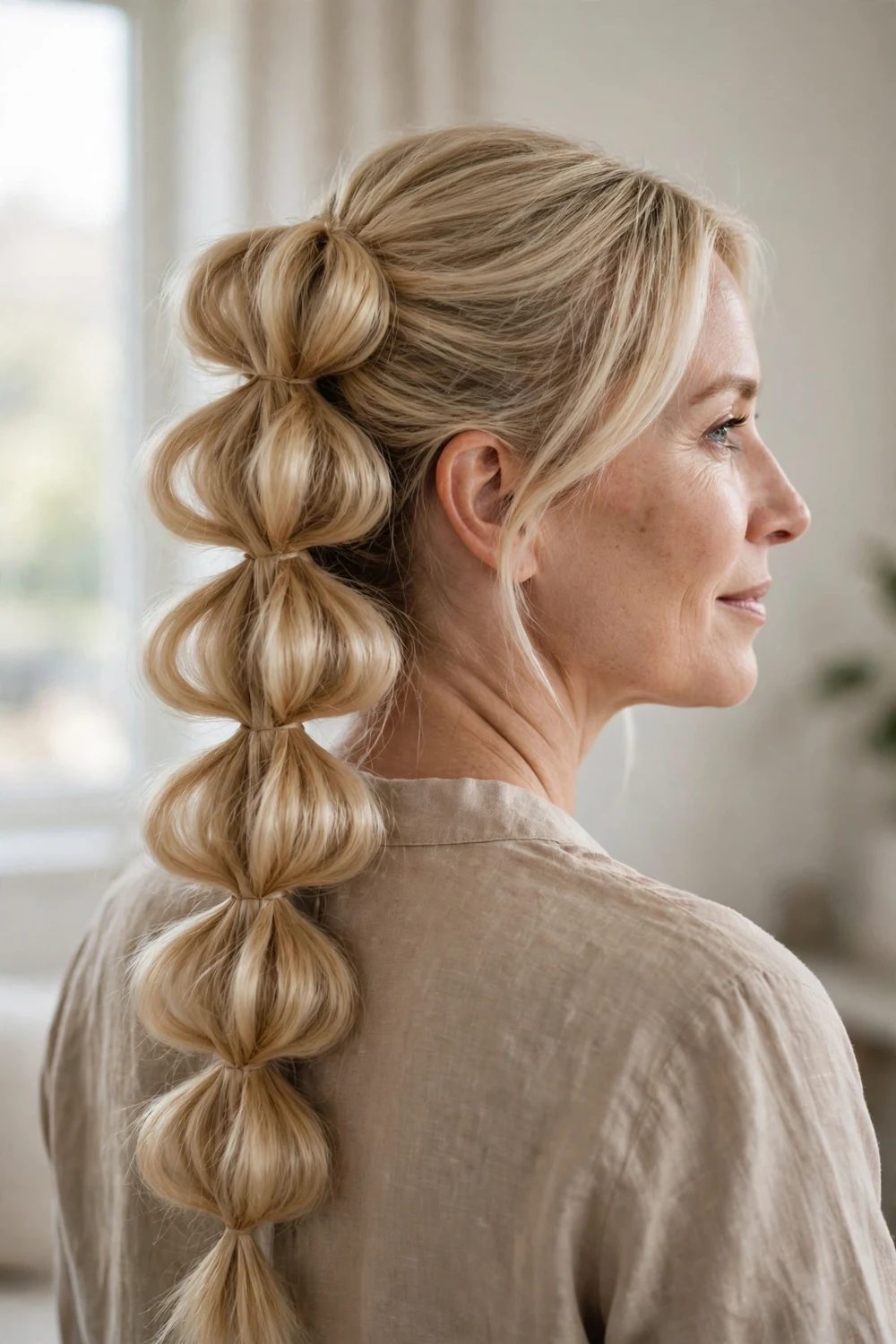Chunky pull-through braid made of looped ponytail sections on thin hair