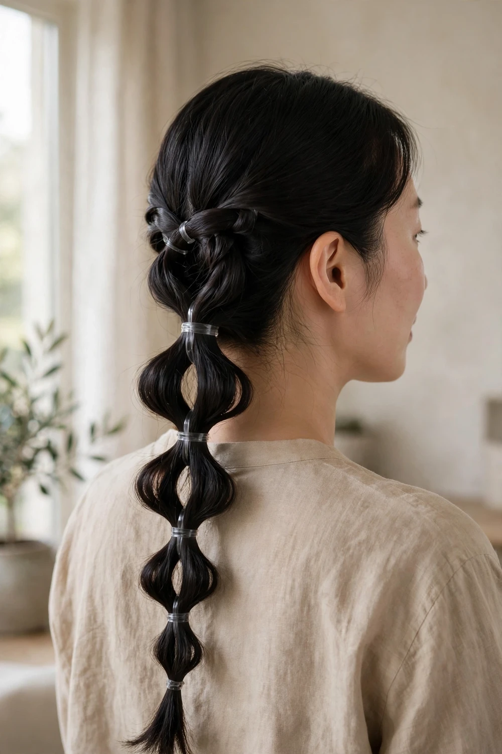 Pull-through braid combined with puffed bubble braid sections down the back